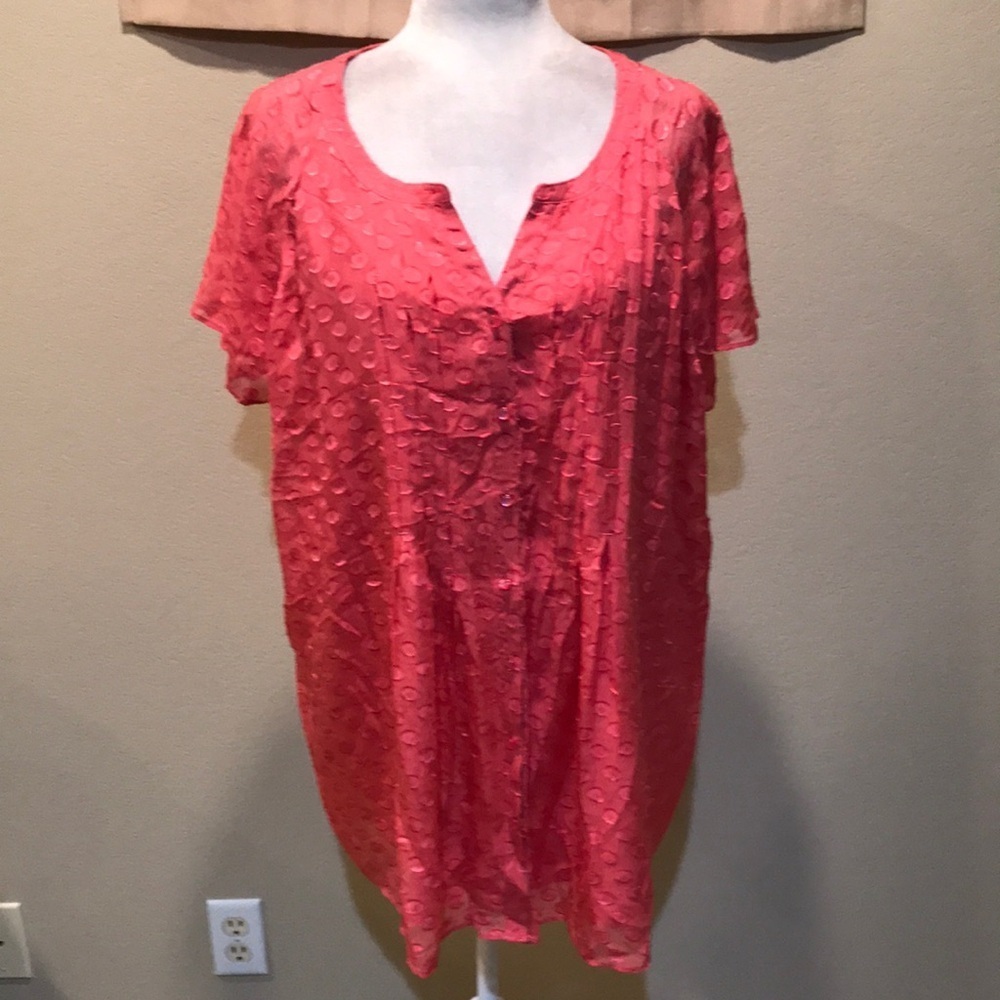 Soft Surroundings Women's Pink Short Sleeve Silk Blend Button Front Top-Size 1X